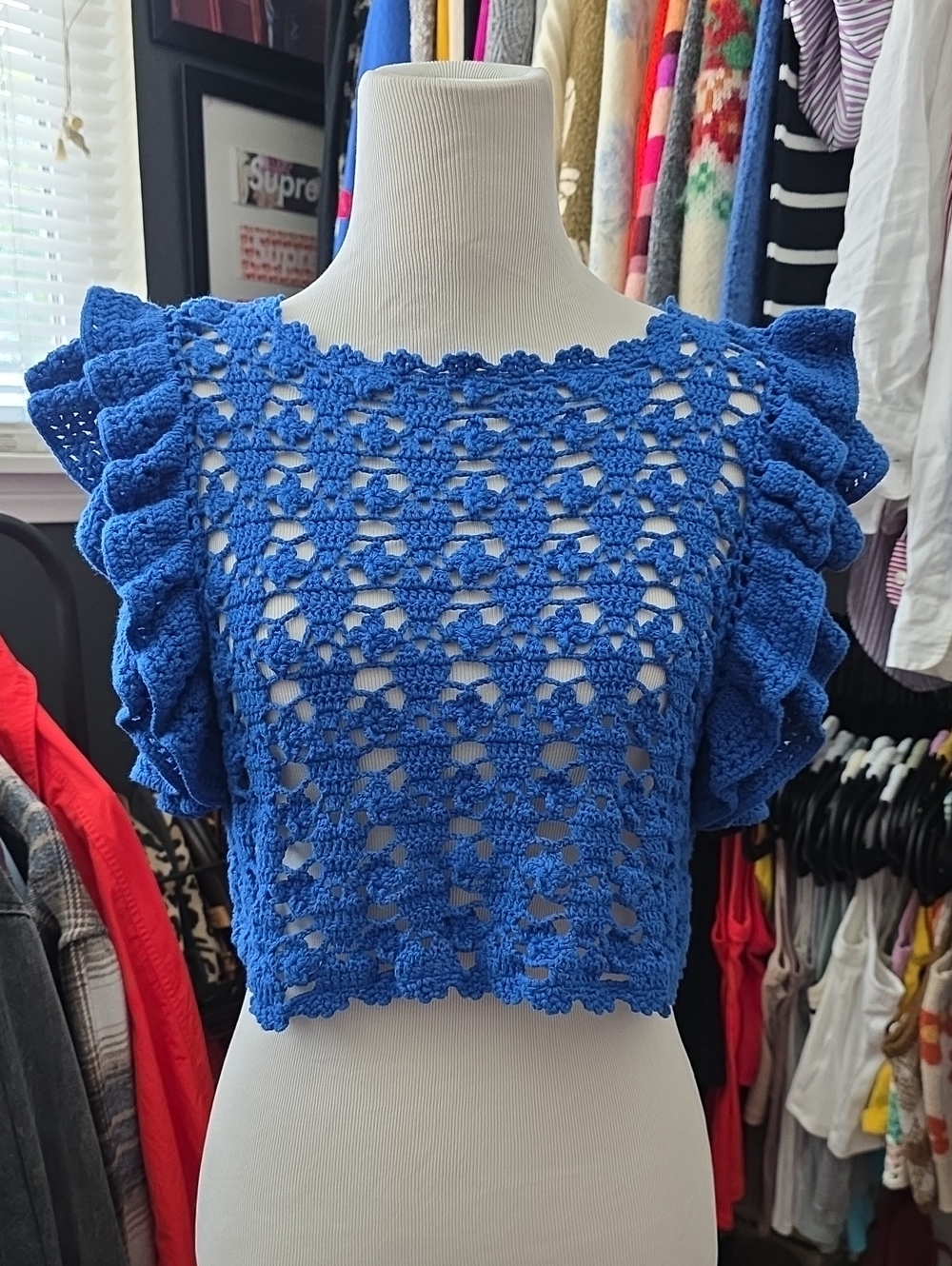 Blue Crochet Ruffle Sleeve Crop Top